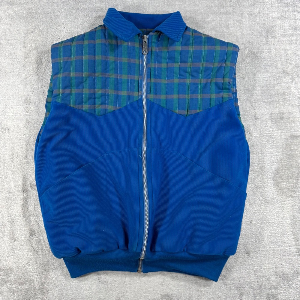 Vintage Western Puffer Vest Mens Medium Blue 80s Plaid Yolk Quilted Corduroy